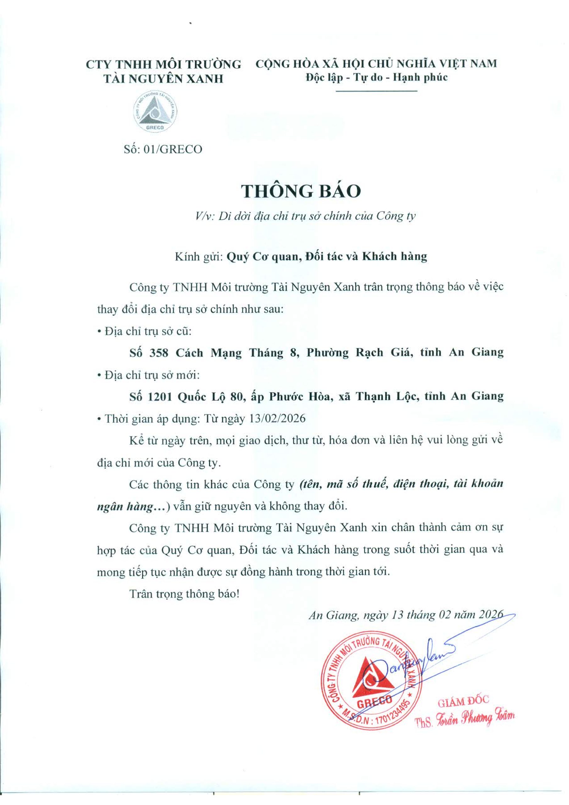 Thông báo thay đổi trụ sở chính: